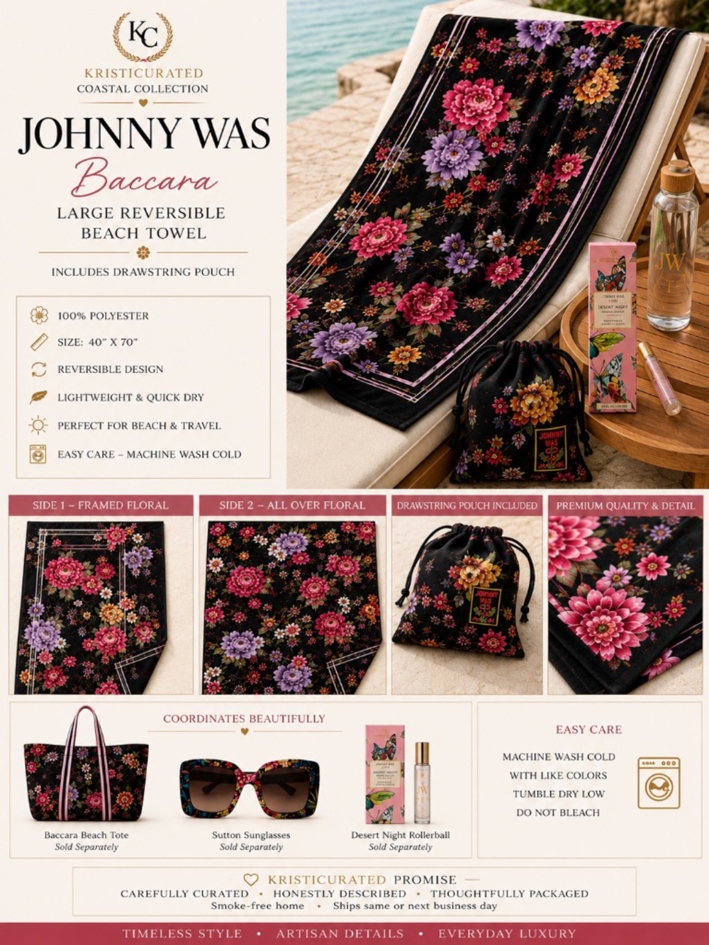 Johnny Was Baccara Reversible Beach Towel Floral 40x70 NWOT + Pouch - Picture 2 of 9